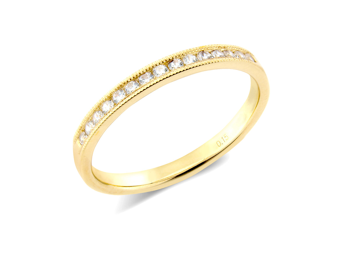 0.15ct channel set brilliant cut diamond milgrain edge band ring