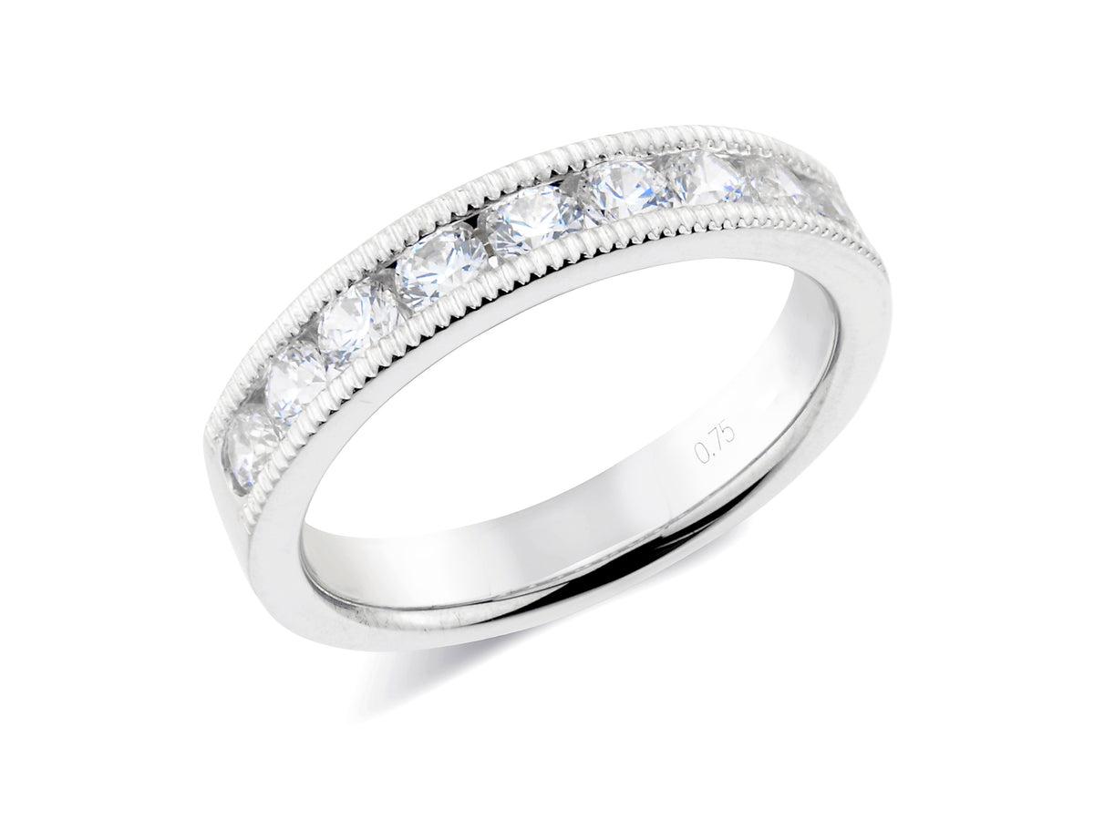 0.75ct channel set brilliant cut diamond milgrain edge band ring