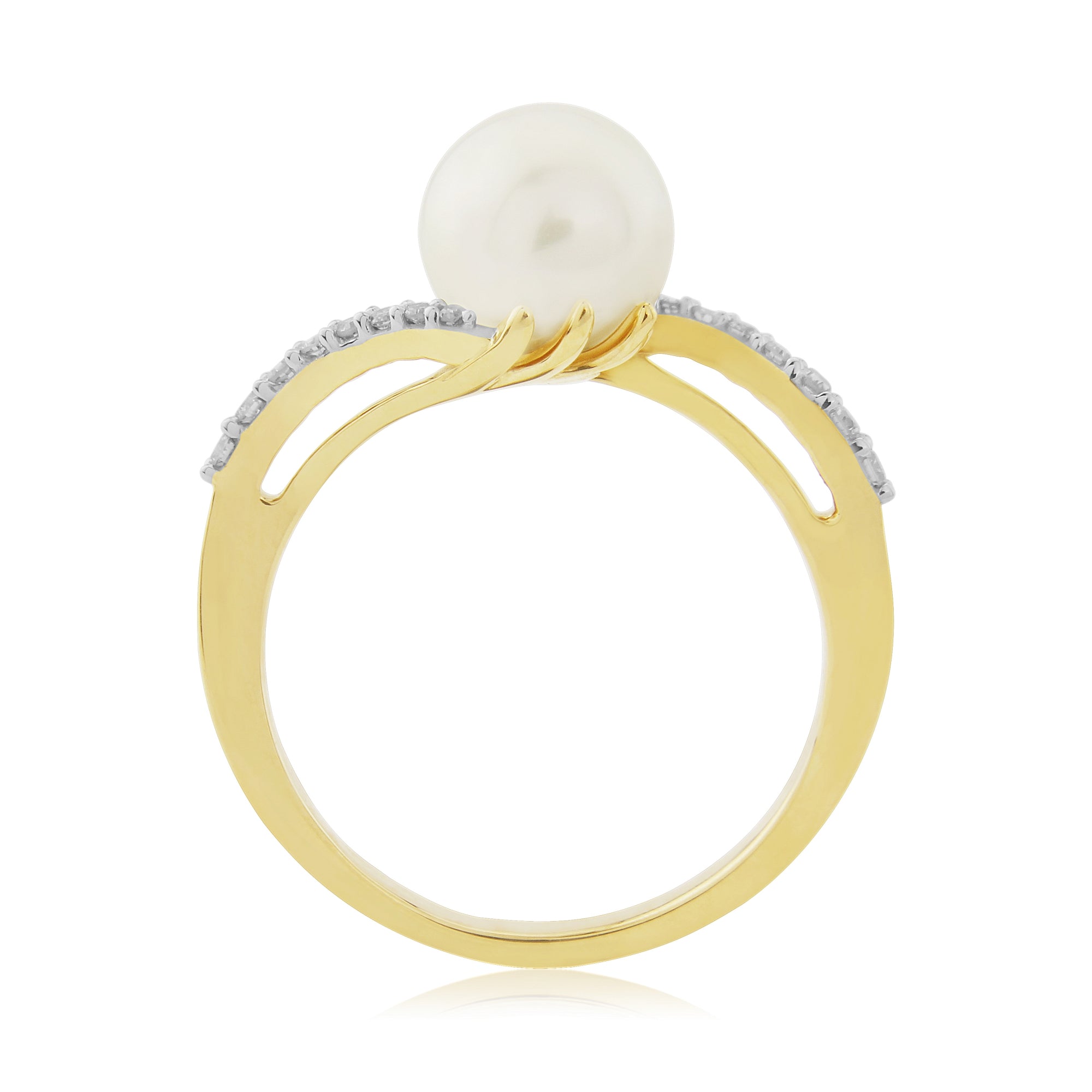 9ct gold 8mm cultured pearl & diamond crossover ring 0.11ct