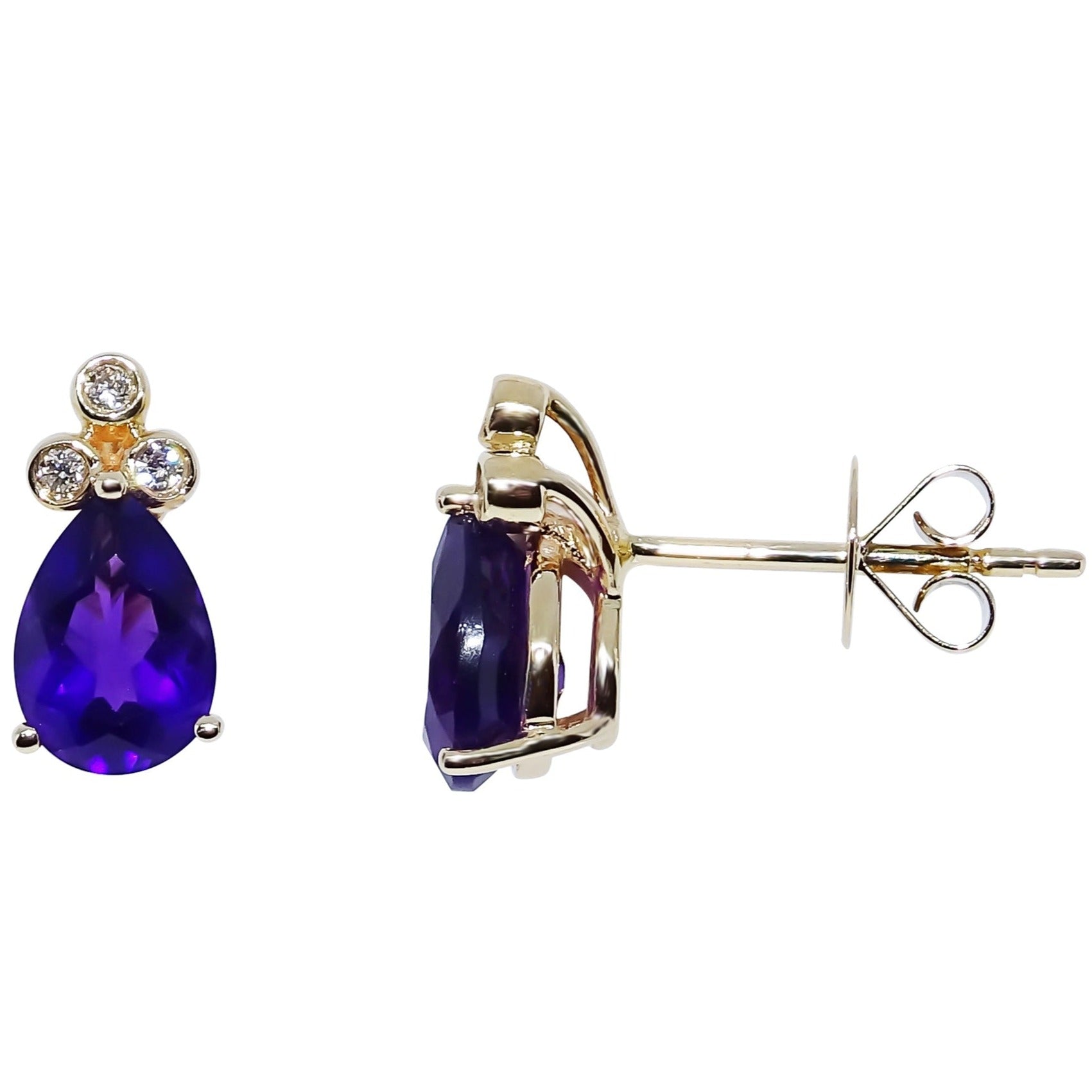 9ct 7x5mm pear shape amethyst & diamond earrings 0.05ct