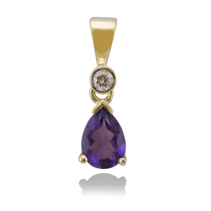 9ct gold 7x5mm pear shape amethyst &amp; diamond pendant 0.05ct