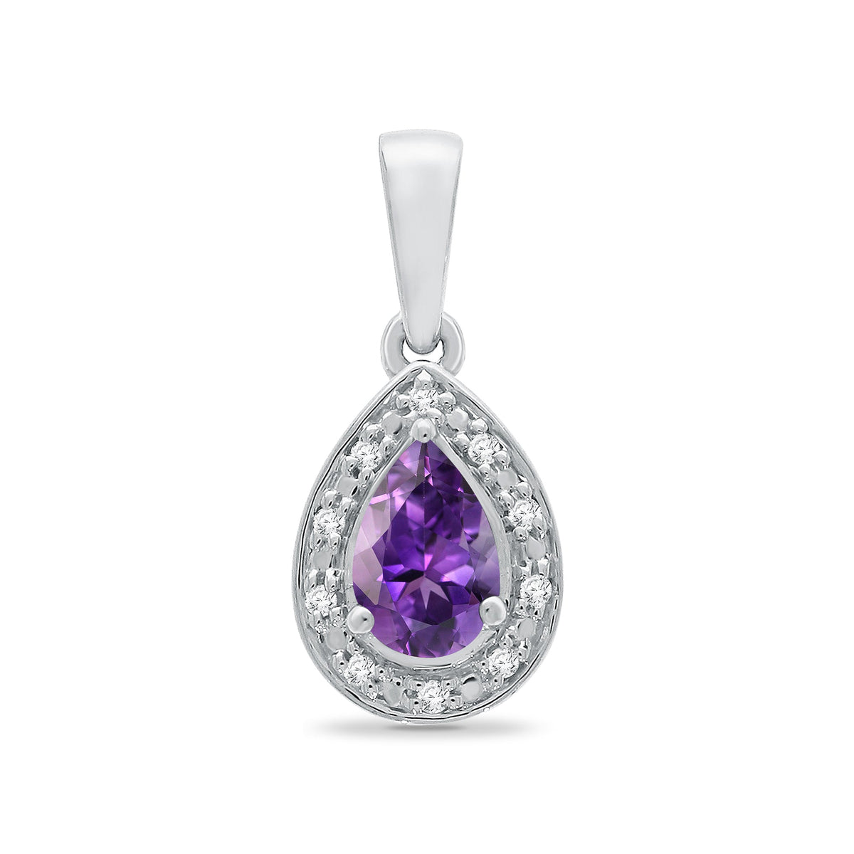 9ct white gold 6x4mm pear shape amethyst &amp; diamond cluster pendant 0.04ct