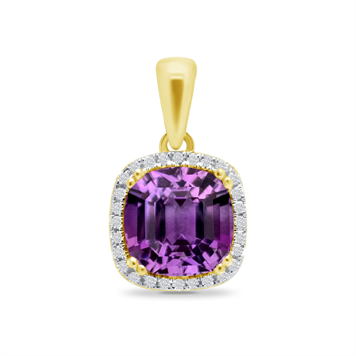 9ct gold 8mm cushion shape amethyst &amp; diamond cluster pendant 0.11ct