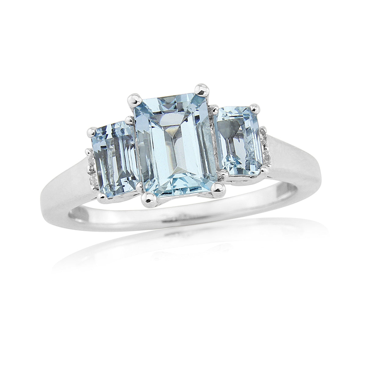 9ct white gold triple octagaon cut aquamarine (7x5mm &amp; two 5x3mm) &amp; diamond ring 0.03ct