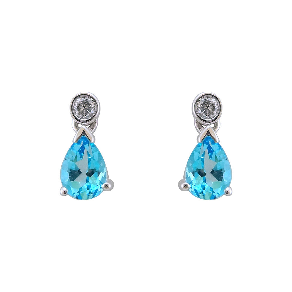 9ct white gold 6x4mm pear shape blue topaz &amp; diamond earrings 0.08ct