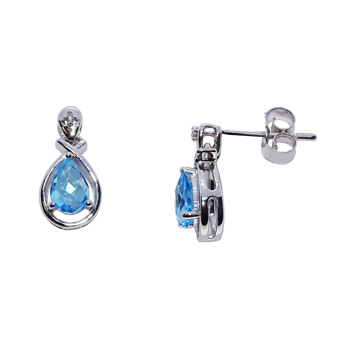 9ct white gold checkerboard cut  6x4mm pear shape blue topaz &amp; diamond drop earrings 0.01ct