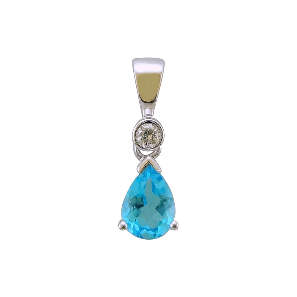 9ct white gold 7x5mm pear shape blue topaz &amp; diamond pendant 0.05ct