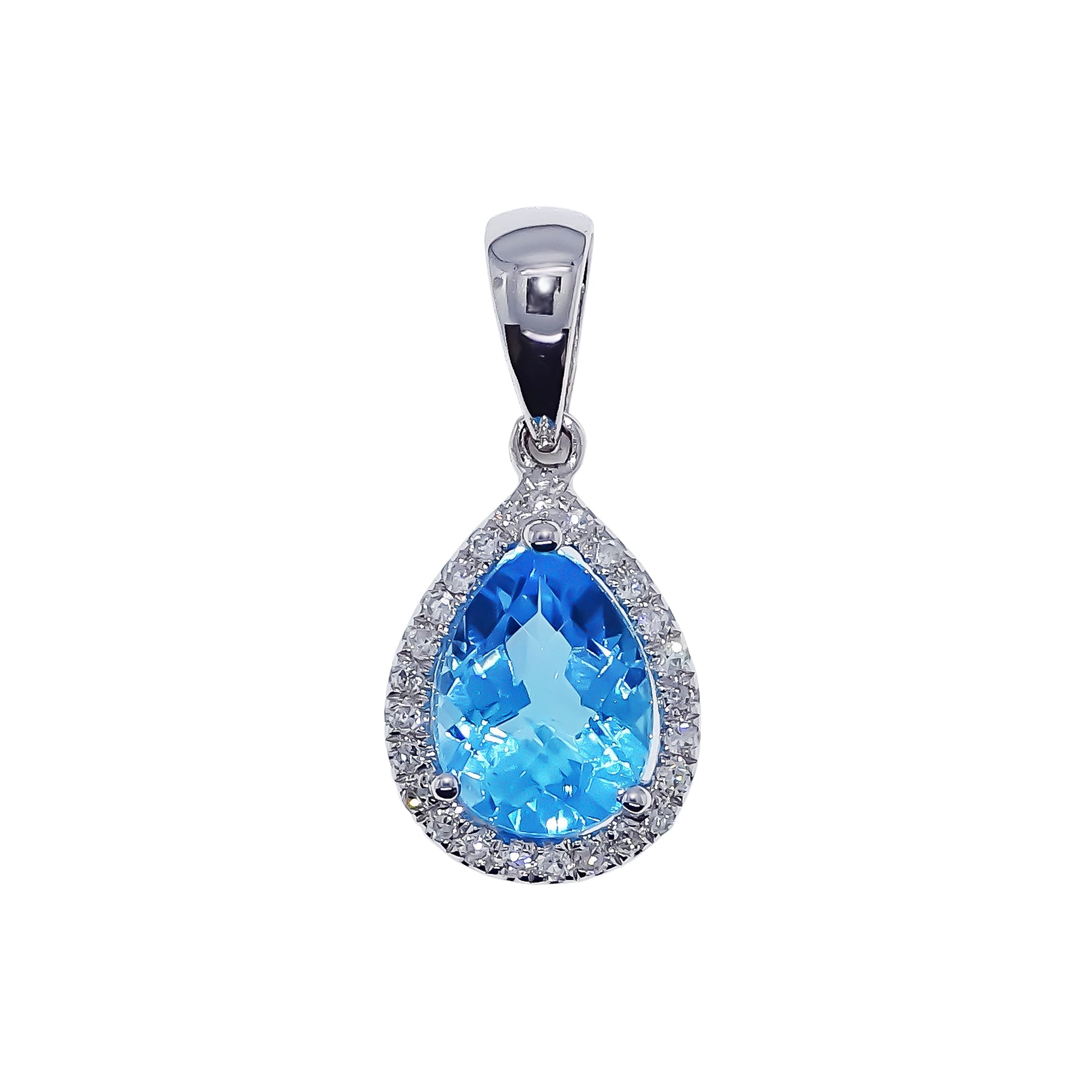 9ct white gold 8x6mm pear shape blue topaz  & diamond pendant 0.08ct