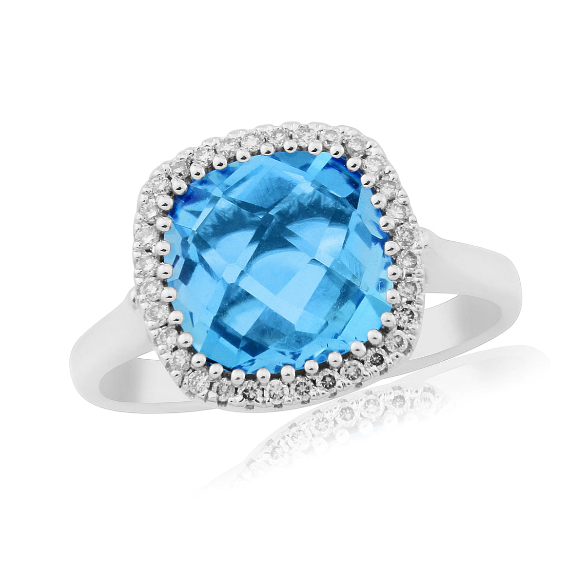 9ct white gold checkerboard cut 9mm cushion shape blue topaz &amp; diamond ring 0.13ct