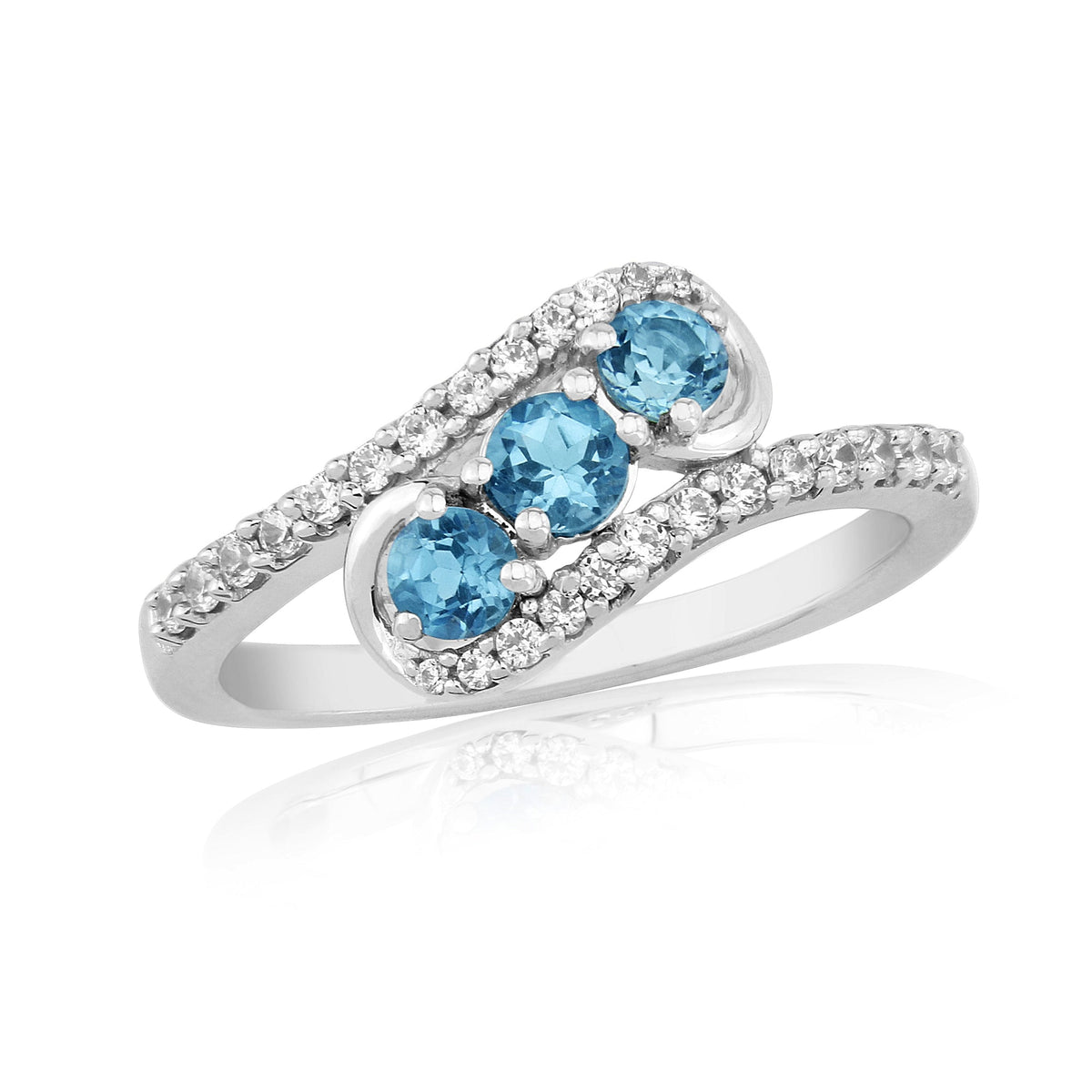 9ct white gold 3 stone blue topaz (1x3.5mm,2 x3mm) &amp; diamond crossover ring 0.20ct