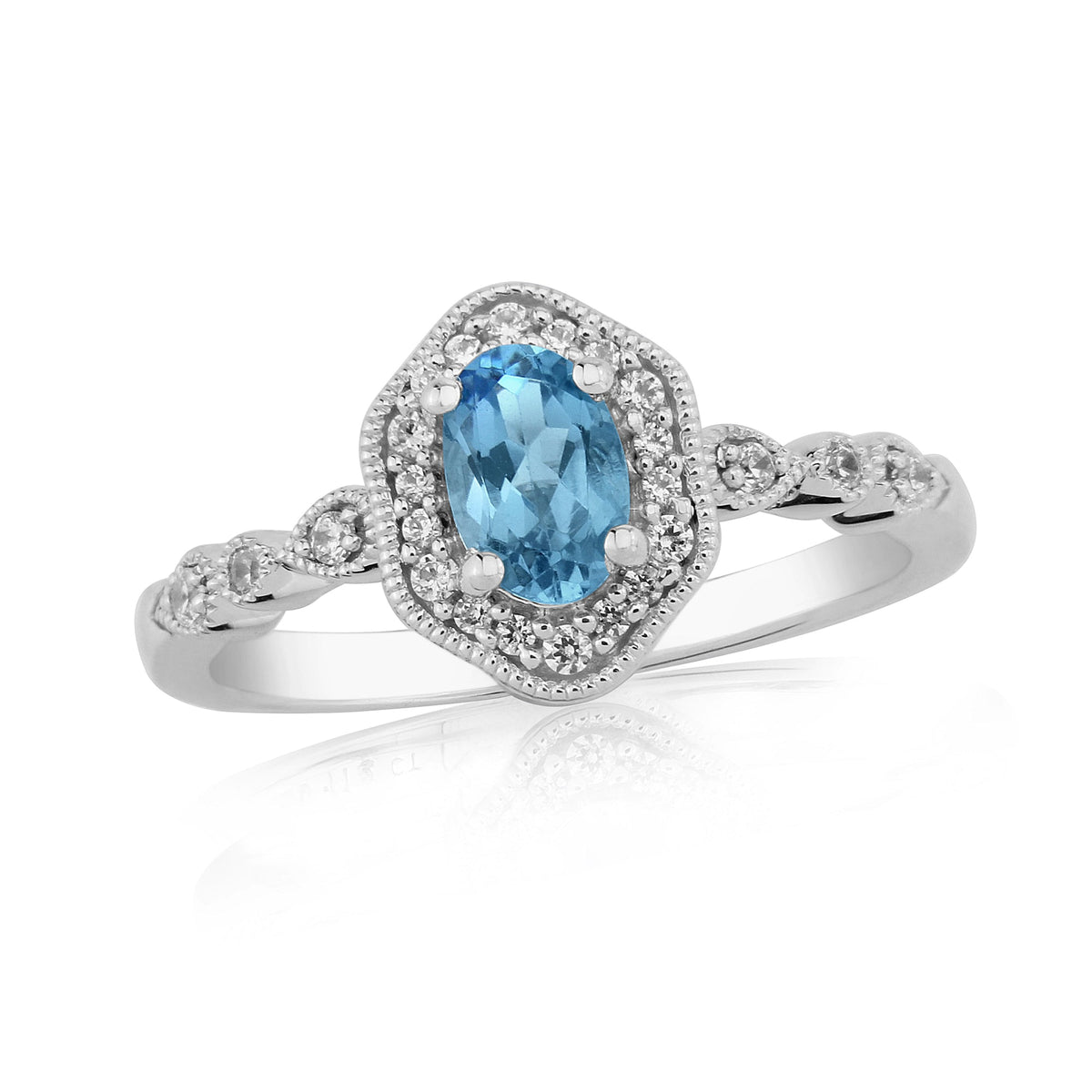 9ct white gold 6x4mm oval blue topaz &amp; diamond cluster ring 0.12ct