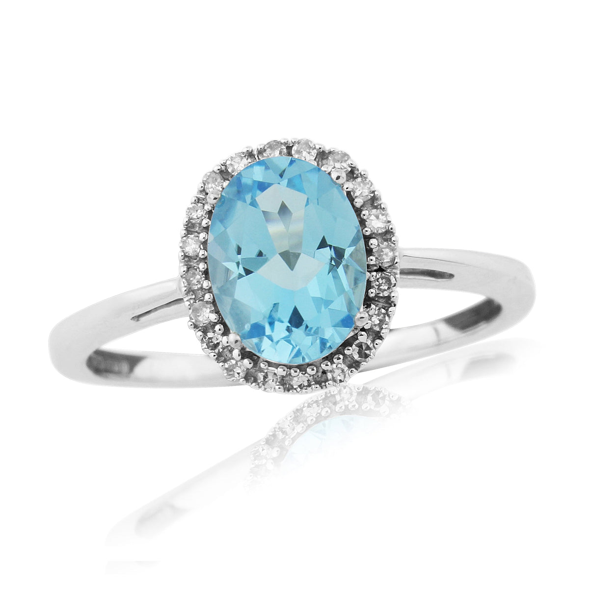 9ct  white gold 8x6mm oval blue topaz &amp; diamond cluster ring 0.08ct