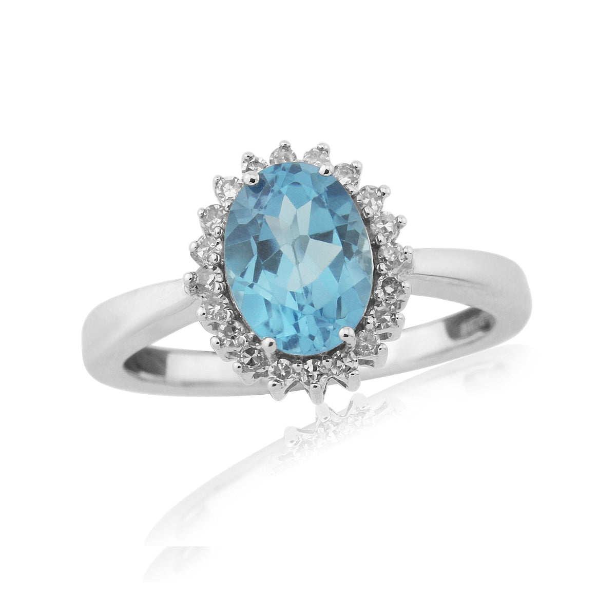 9ct white gold 8x6mm oval blue topaz &amp; diamond cluster ring 0.15ct