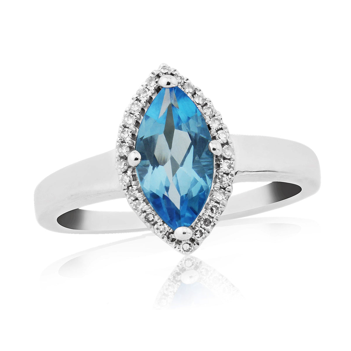 9ct white gold 10x5mm marquise shape blue topaz &amp; diamond cluster ring 0.11ct