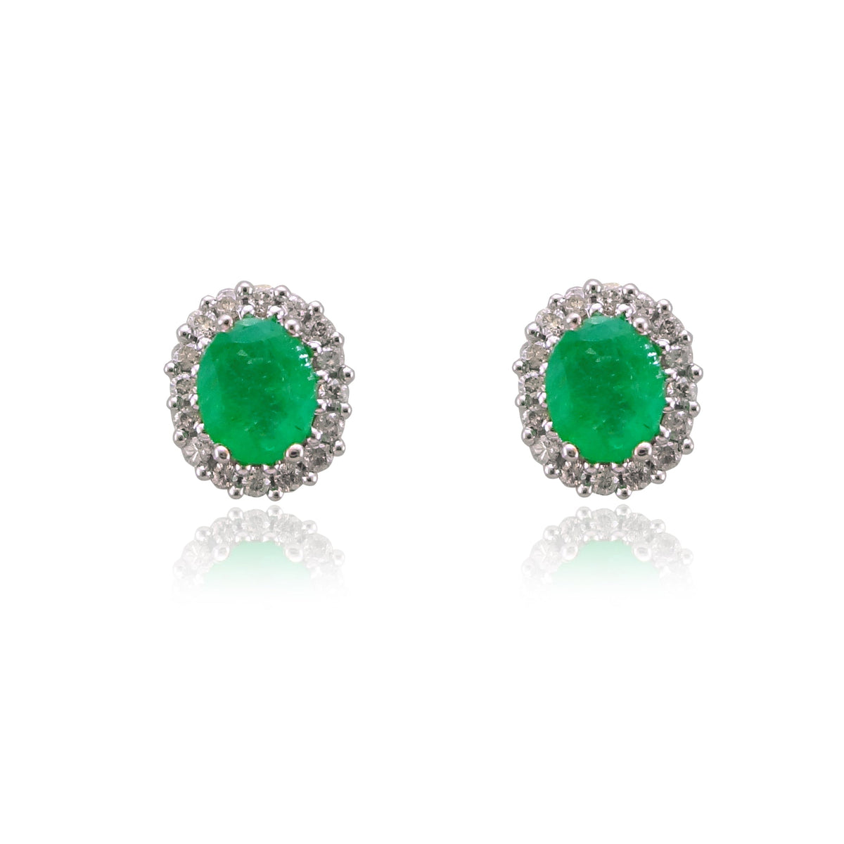 9ct gold 6x4mm oval emerald &amp; diamond cluster studs earrings 0.22ct