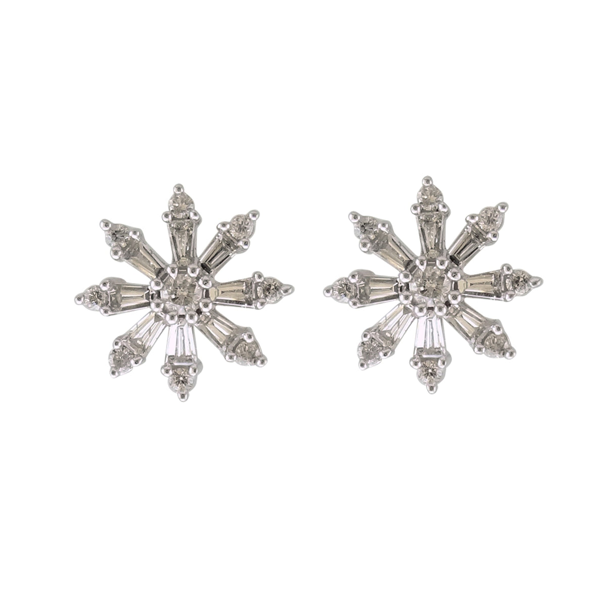 9ct white gold baguette &amp; brialliant cut diamond snowflake earrings 0.35ct