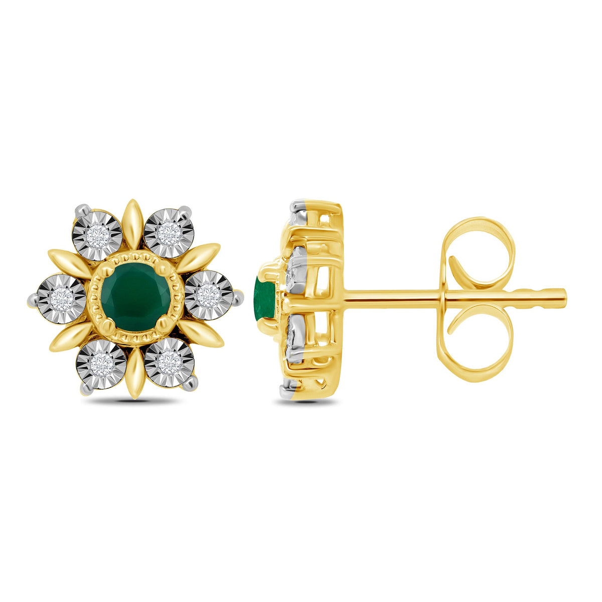 9ct gold 2mm round emerald &amp; miracle plate diamond cluster stud earrings 0.04ct