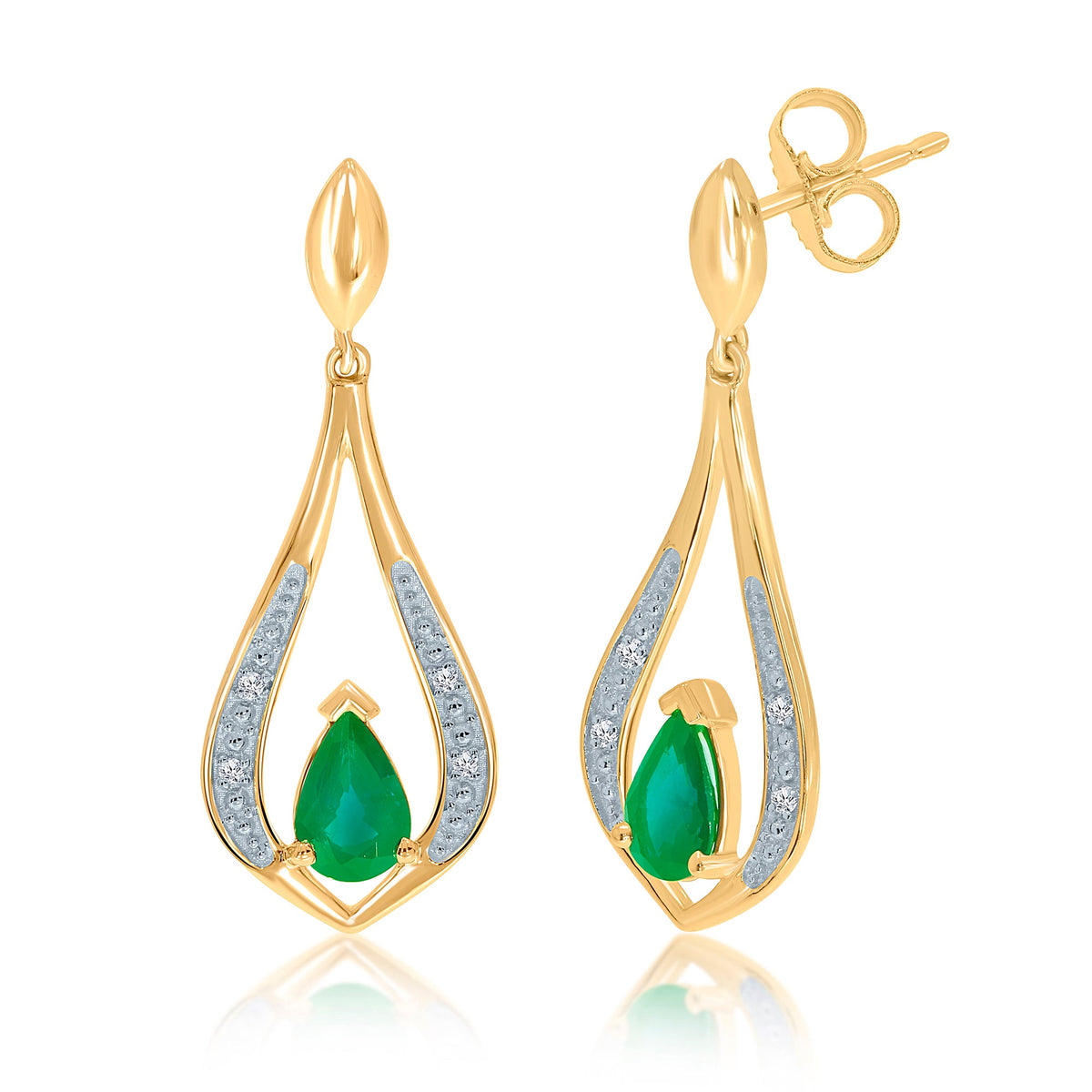 9ct gold 6x4mm pear shape emerald &amp; diamond long drop earrings 0.02ct