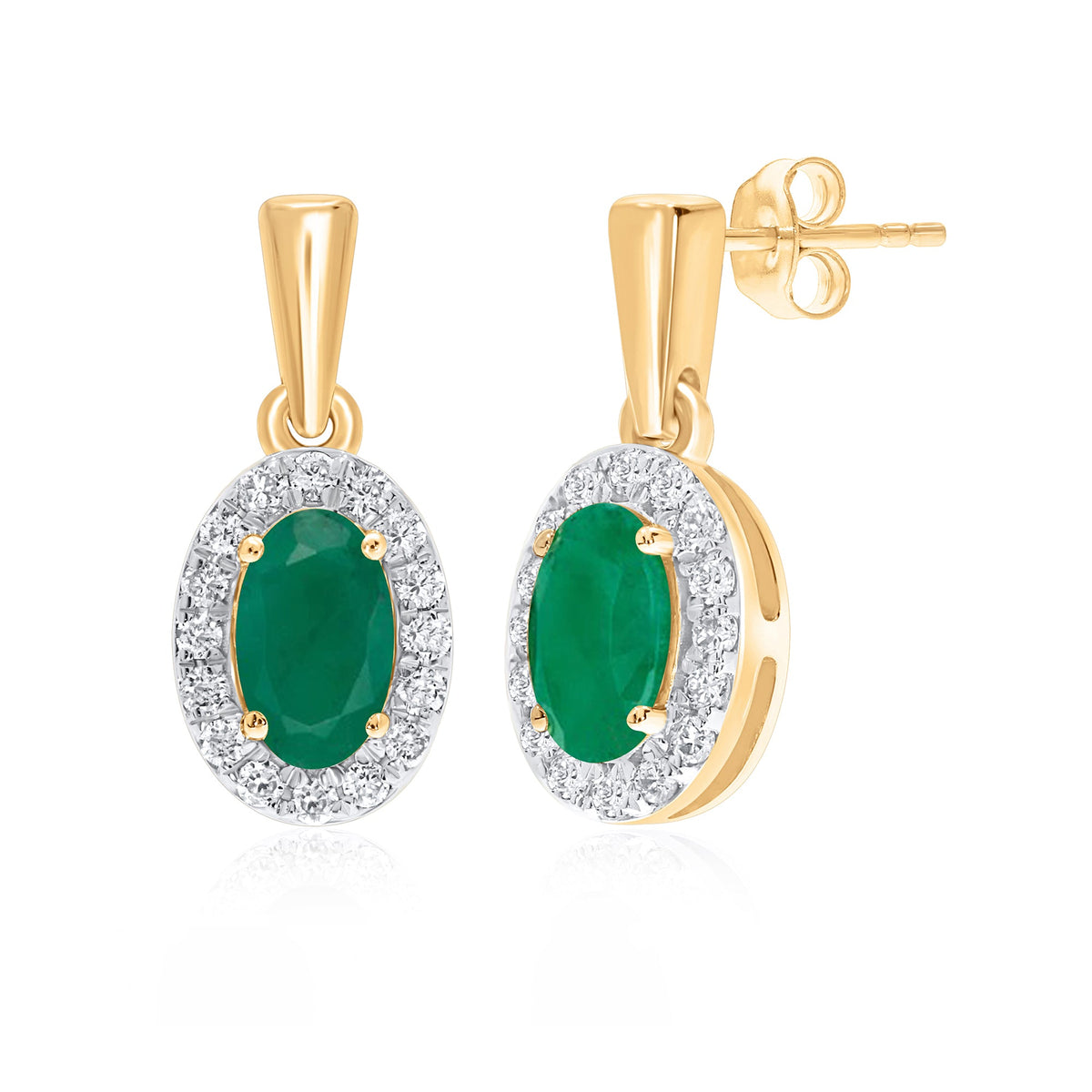 9ct gold 5x3mm oval emerald &amp; diamond cluster drop earrings 0.14ct