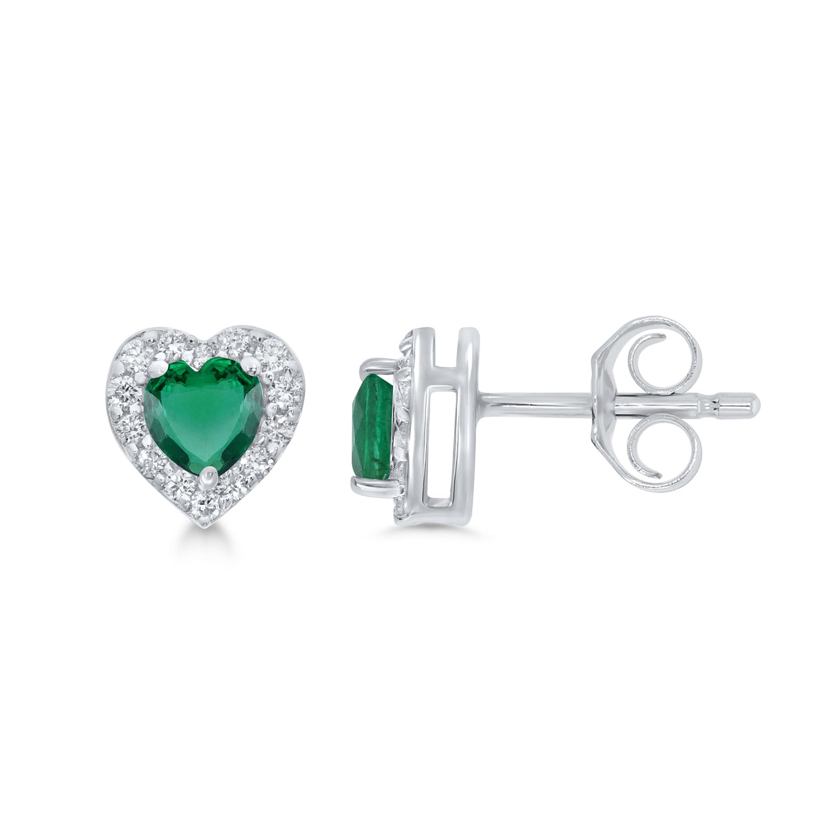 9ct gold 5mm heart shape emerald &amp; diamond cluster stud earrings 0.16ct