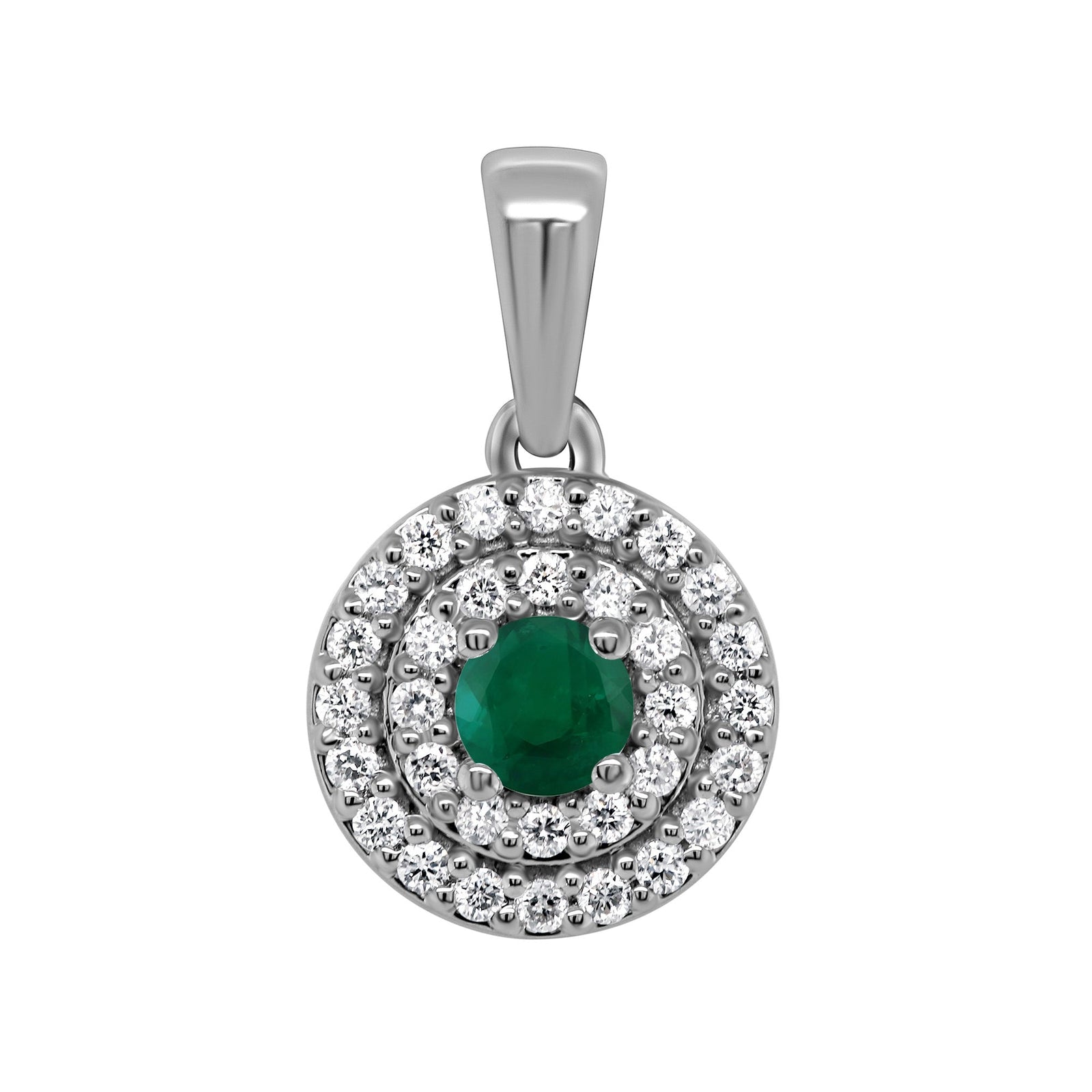 9ct white gold 3.00mm emerald & diamond set double row cluster pendant 0.13ct