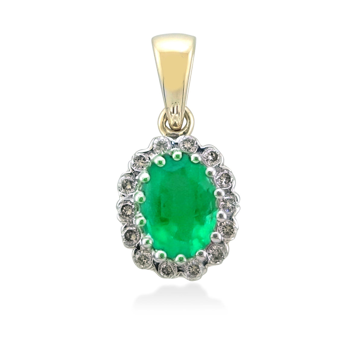 9ct gold 7x5mm oval emerald &amp; diamond cluster pendant 0.12ct