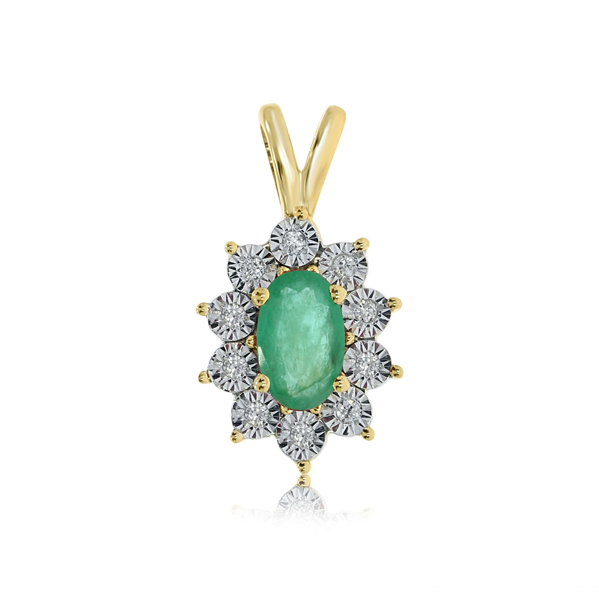 9ct gold 5x3mm oval emerald &amp; miracle plate diamond cluster pendant 0.03ct