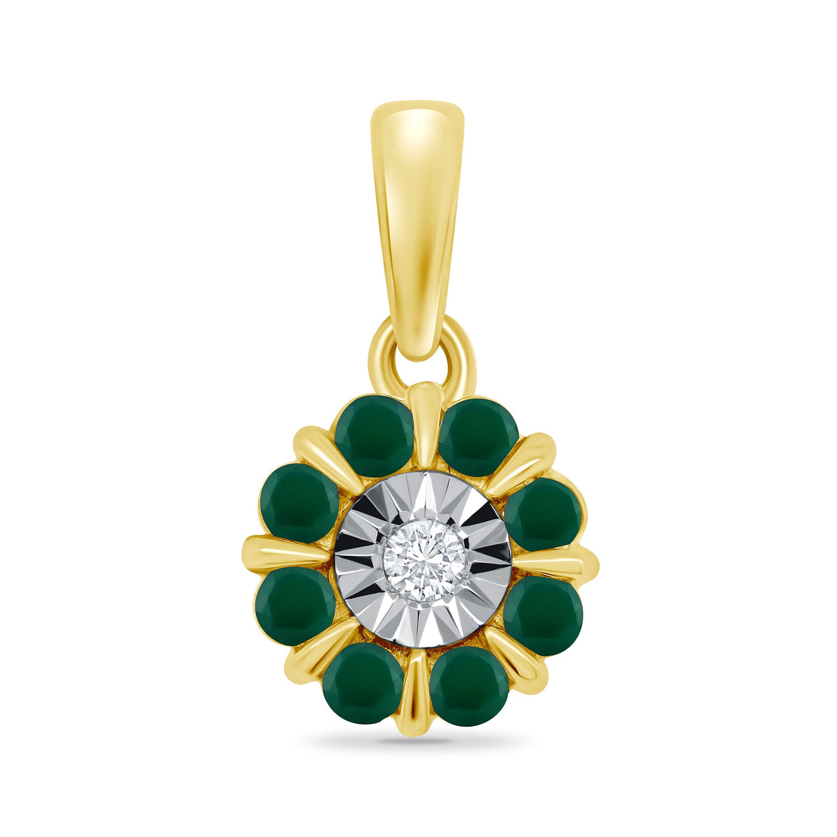 9ct gold miracle plate diamond &amp; 1.75mm round emerald cluster pendant 0.04ct
