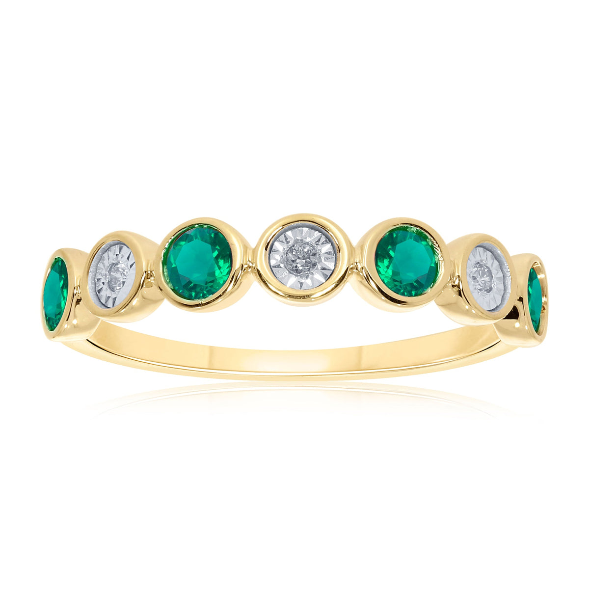 9ct gold 3mm round emerald &amp; miracle plate diamond half et ring 0.03ct