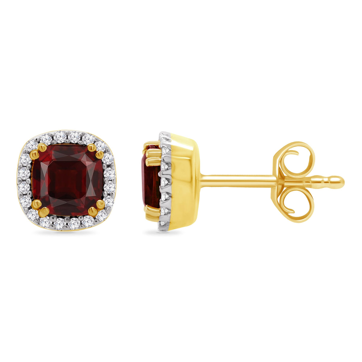 9ct gold 5.00mm cushion shape garnet &amp; diamond set halo stud earrings 0.12ct