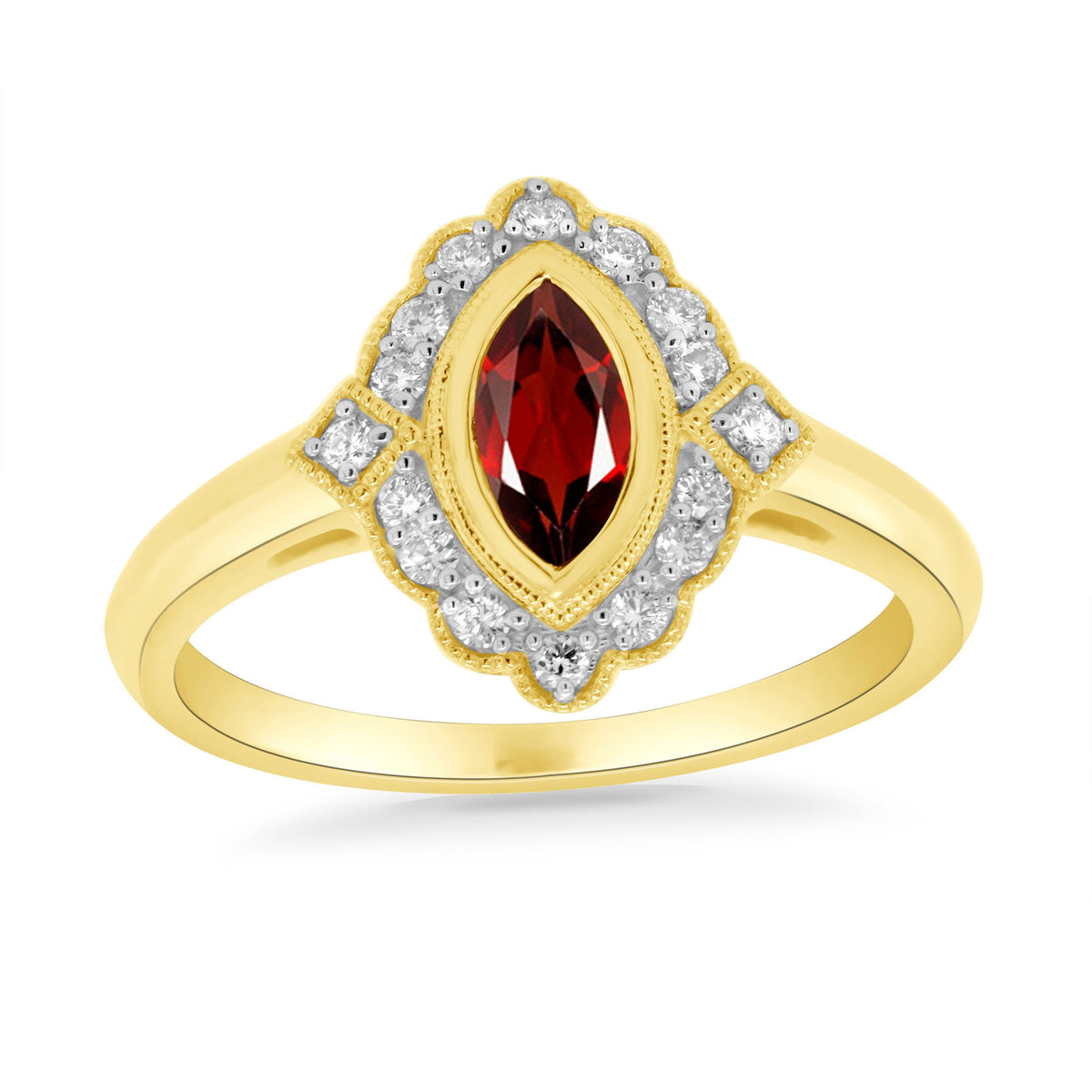 9ct gold 8x4mm marquise shape garnet &amp; antique style diamond cluster ring 0.15ct
