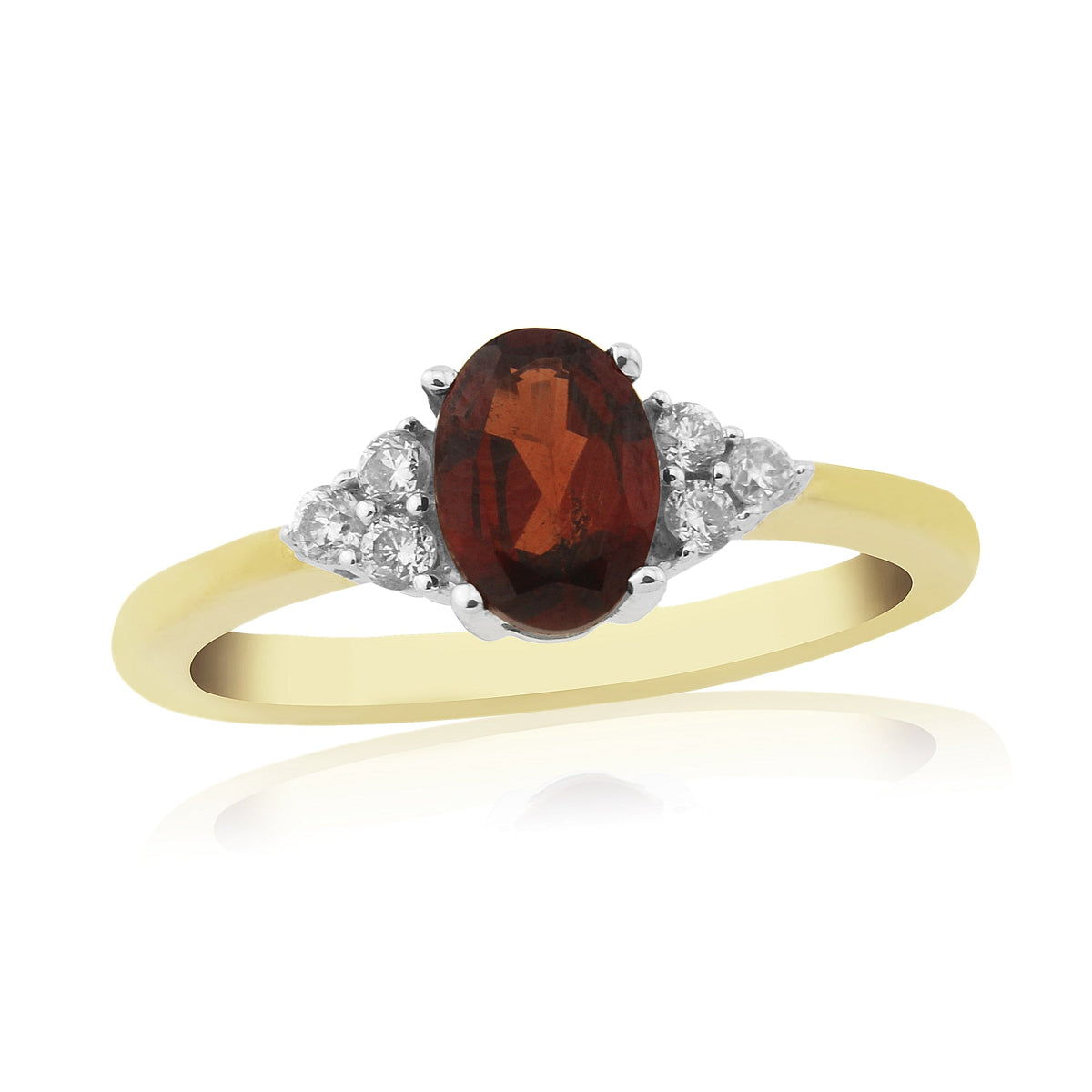 9ct gold 7x5mm oval garnet &amp; three stone diamond shoulders ring 0.15ct