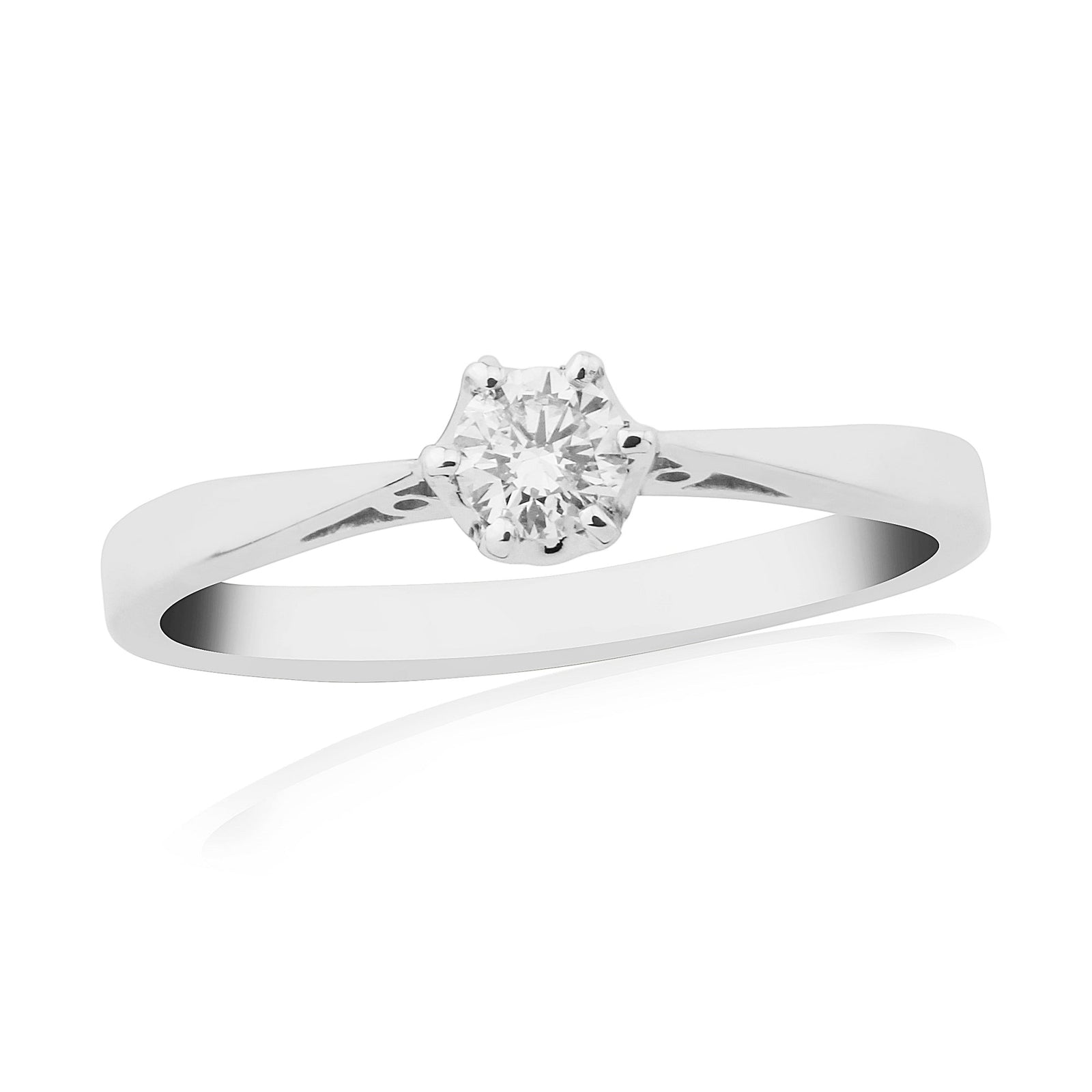 9ct white gold six claw set single stone diamond ring 0.15ct