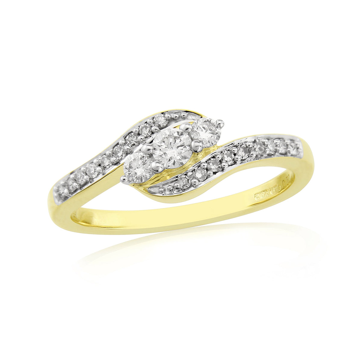 9ct gold three stone diamond crossover ring with diamond set shoulders 0.30ct