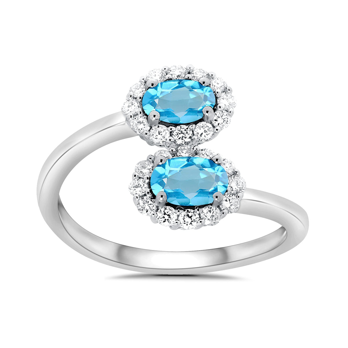 9ct white gold double 5x3mm oval blue topaz &amp; diamond crossover cluster ring 0.14ct