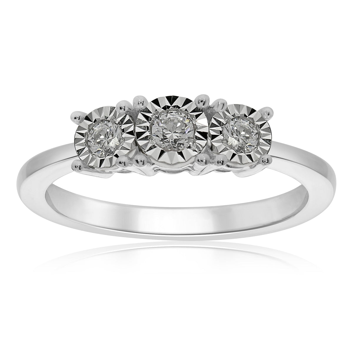 9ct white gold 3 stone miracle plate diamond ring 0.25ct