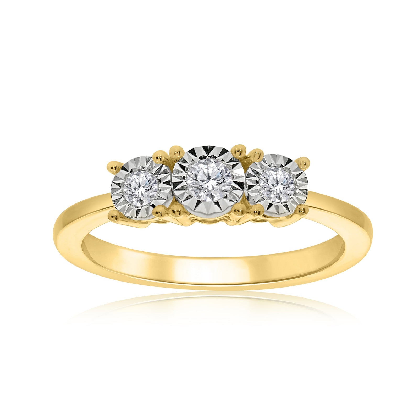 9ct gold 3 stone miracle plate diamond ring 0.15ct