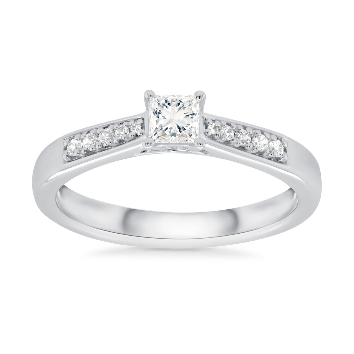 9ct white gold princess cut single stone diamond ring with diamond set shoulders 0.33ct