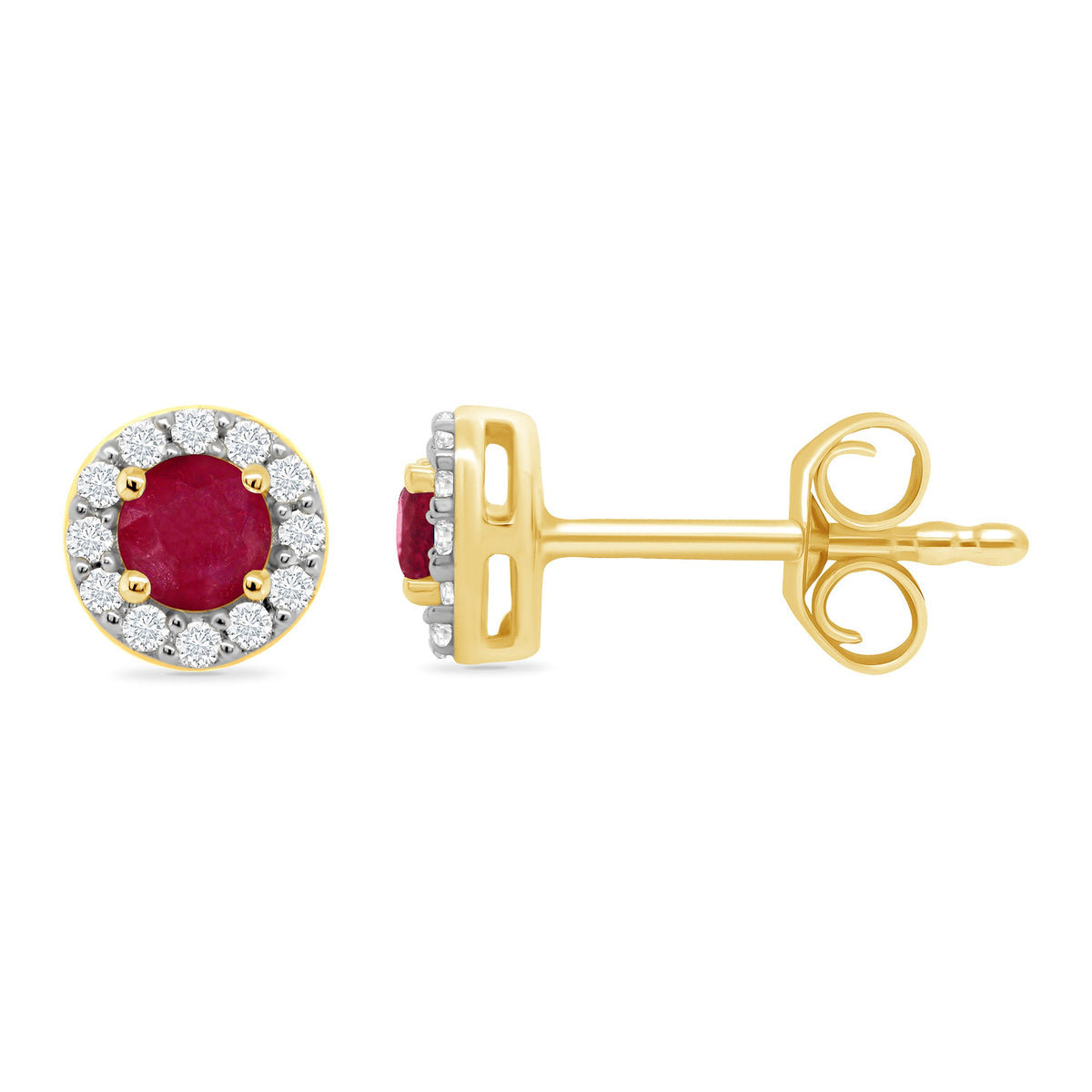 9ct gold 3.25mm round ruby &amp; diamond halo cluster stud earrings 0.10ct