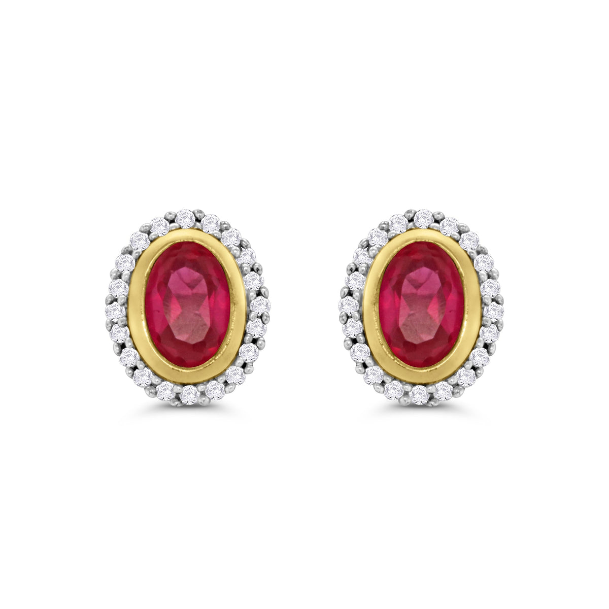 9ct gold 6x4mm rub over set ruby &amp; diamond cluster stud earrings 0.20ct