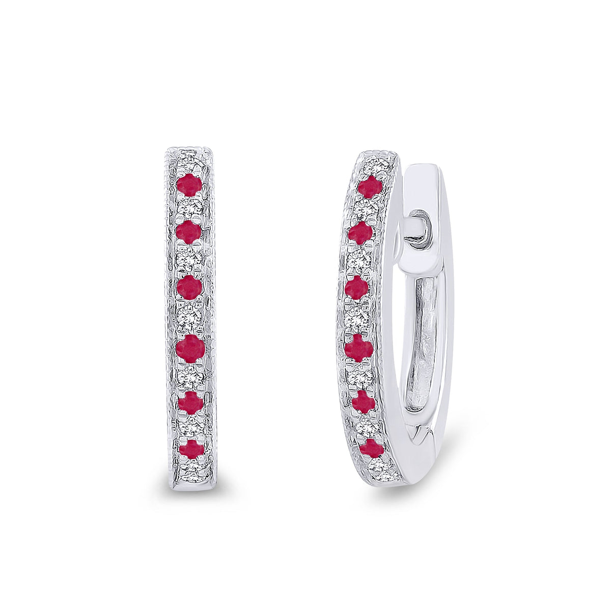 9ct white gold ruby &amp; diamond set huggy earrings 0.05ct - W1.85 x L12mm