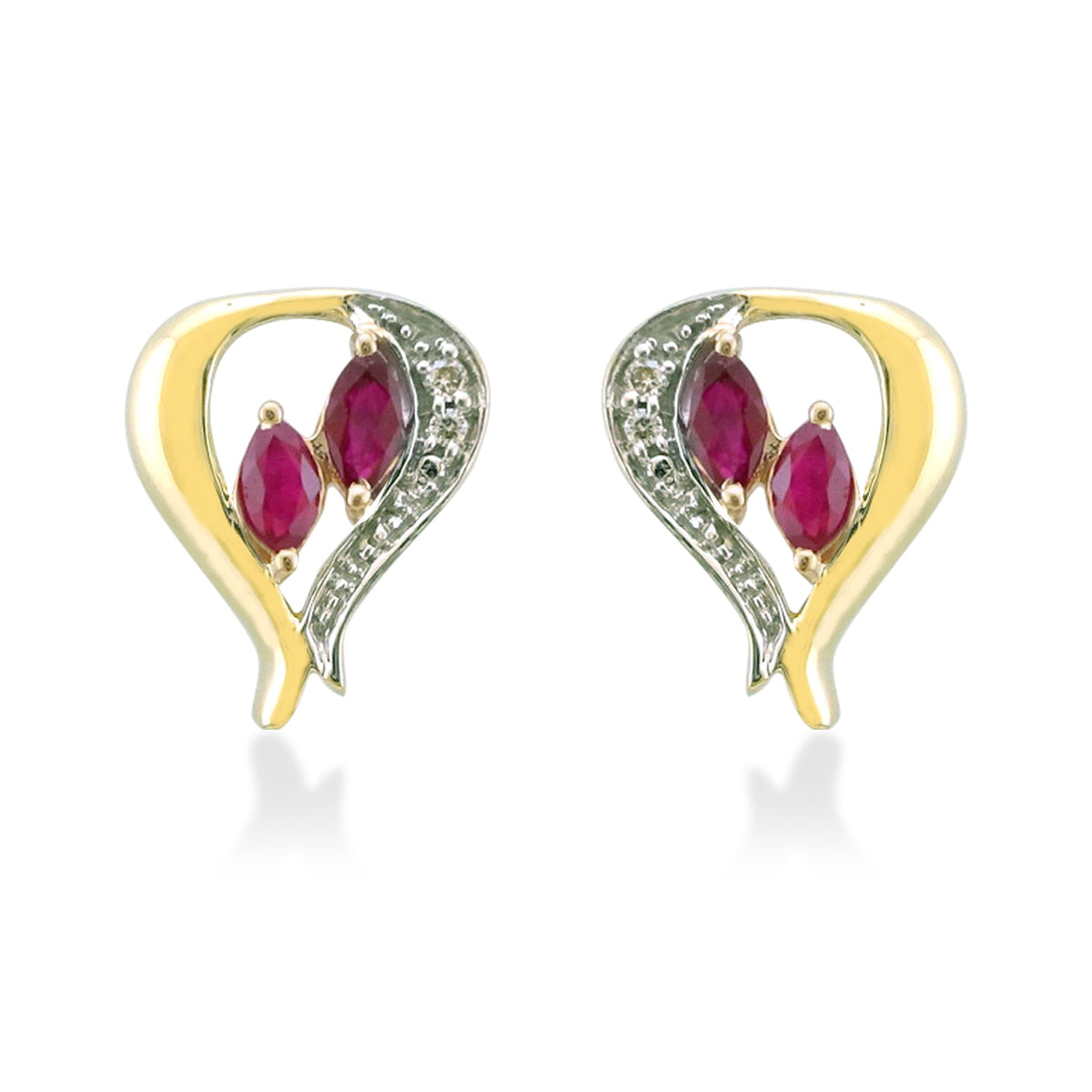 9ct gold marquise shape ruby &amp; diamond heart stud earrings 0.03ct (product width 10mm)