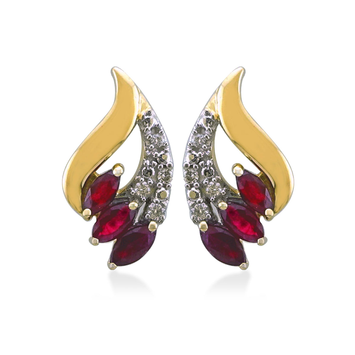 9ct gold marquise shape ruby &amp; diamond stud earrings 0.06ct (product width 8mm)