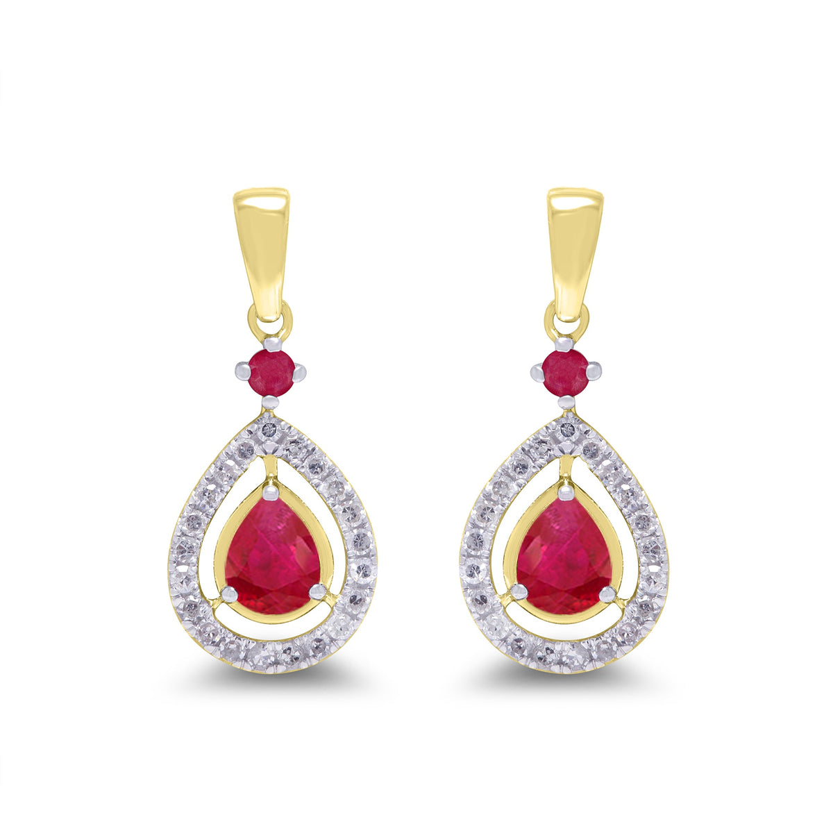 9ct gold 4x3mm pear shape ruby &amp; 1.70mm round ruby &amp; diamond drop earrings 0.14ct