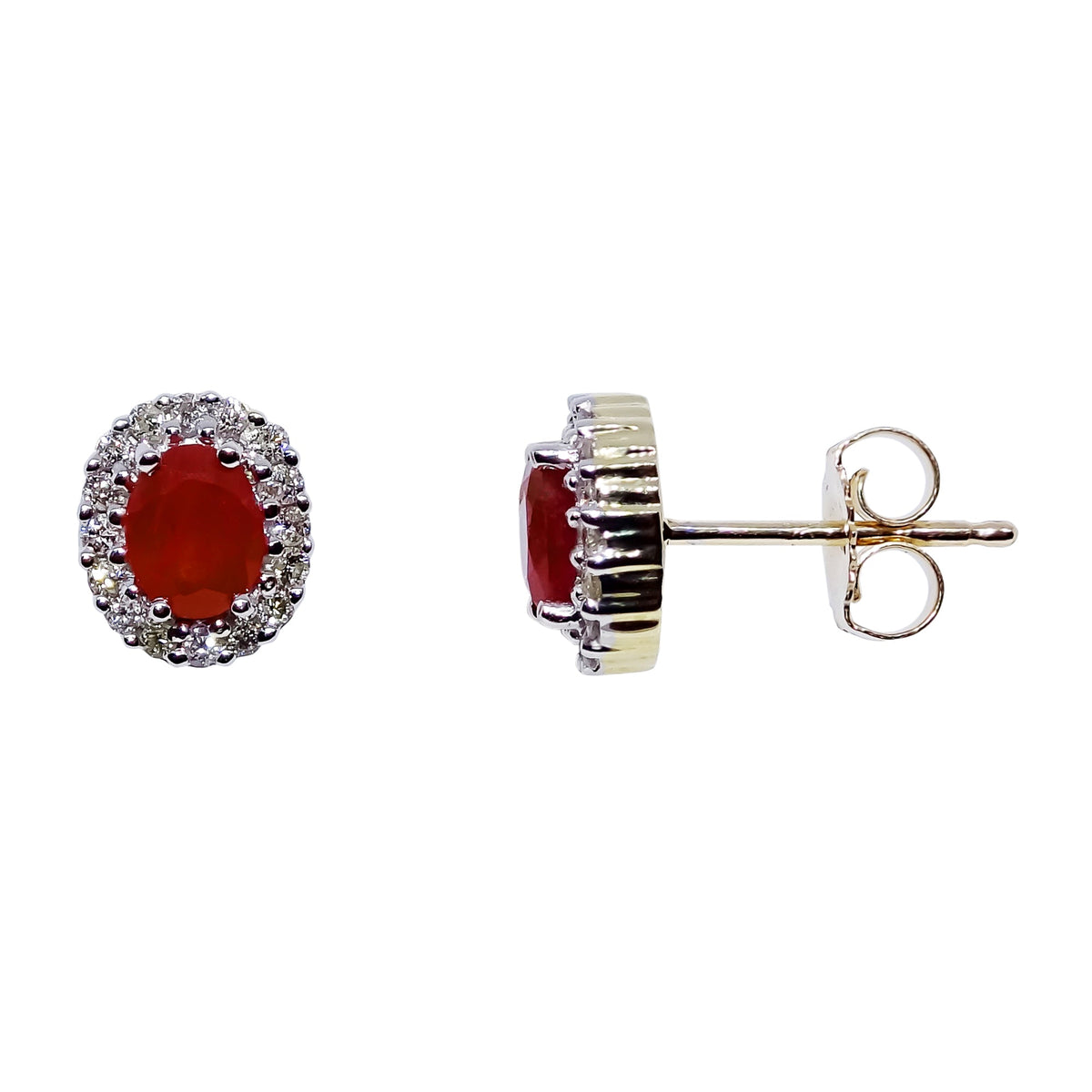 9ct gold 5x4mm oval ruby &amp; diamond cluster stud earrings 0.17ct