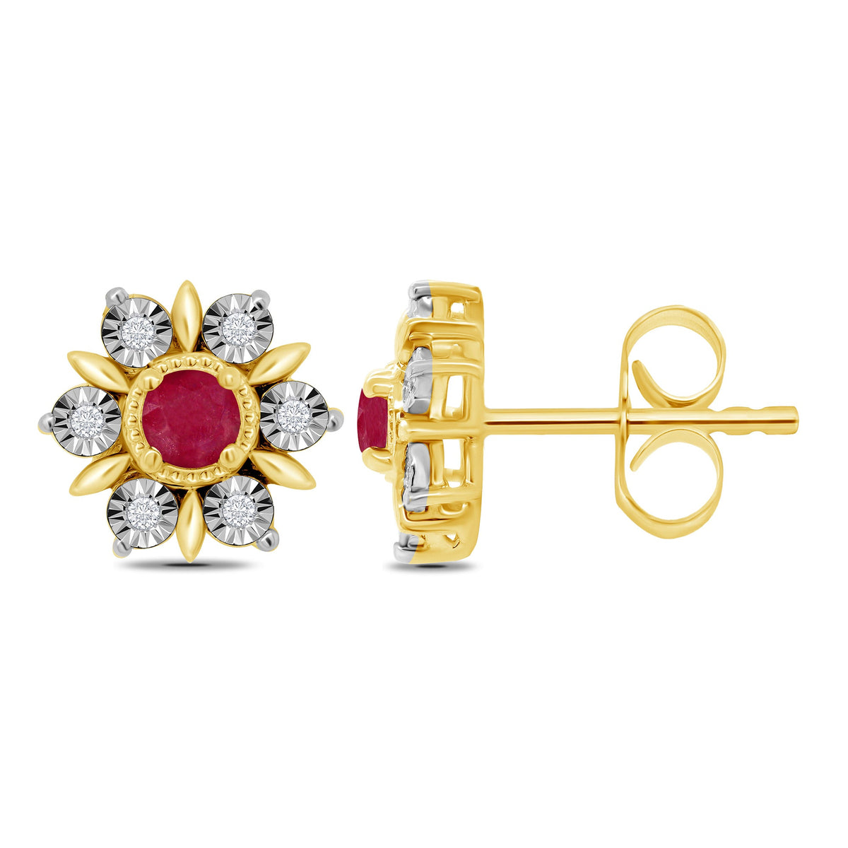 9ct gold 2mm round ruby &amp; miracle plate diamond cluster stud earrings 0.04ct