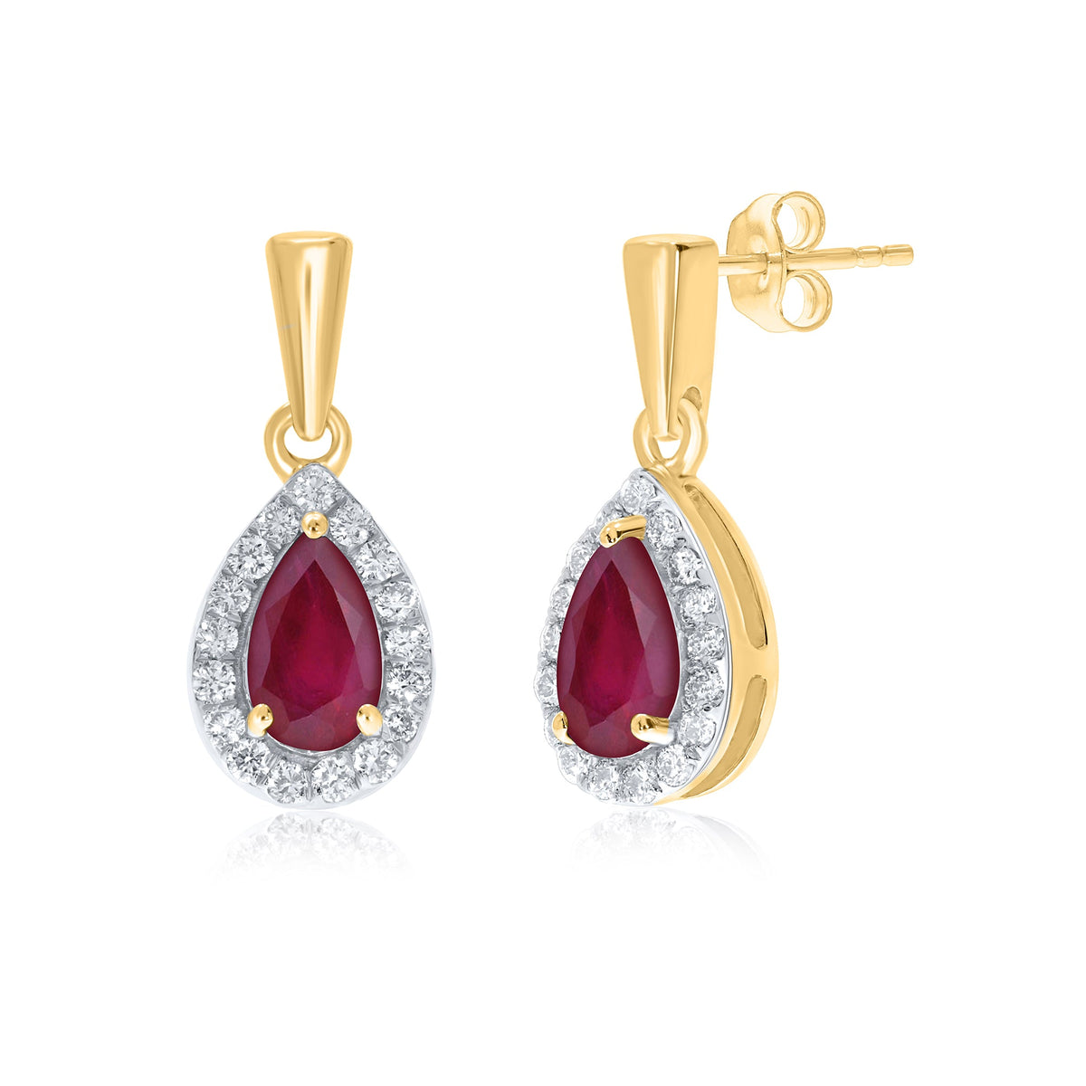 9ct gold 5x3mm pear shape ruby &amp; diamond drop earrings 0.11ct