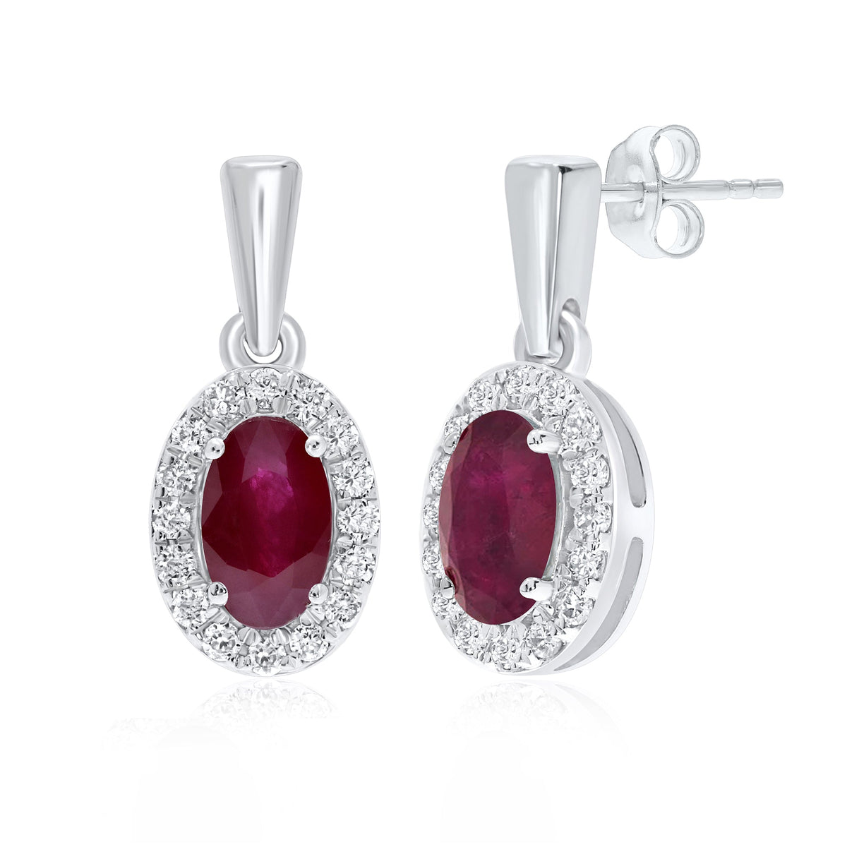 9ct white gold 5x3mm oval ruby &amp; diamond cluster drop earrings 0.14ct