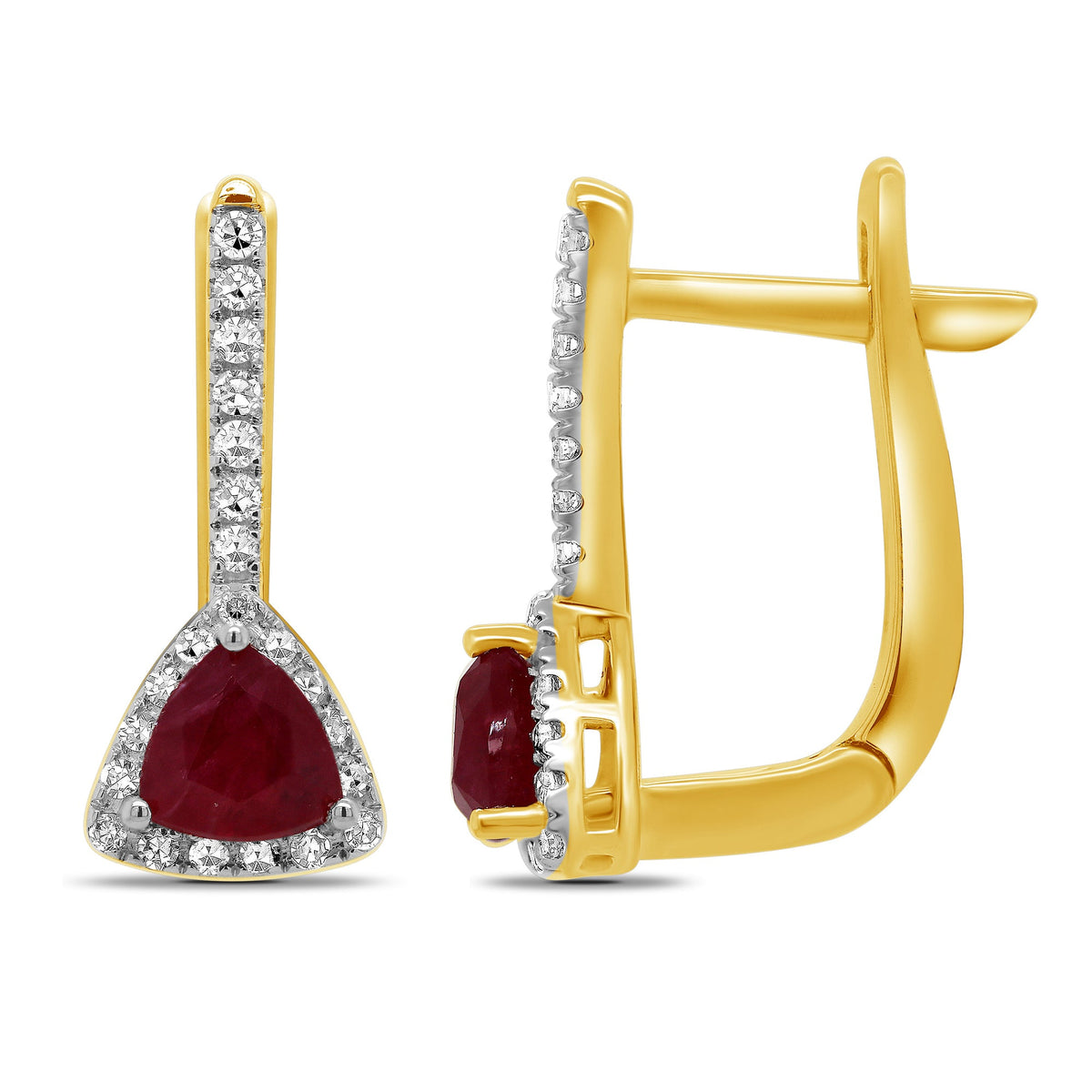 9ct gold 5mm trillion cut ruby &amp; diamond huggy earrings 0.20ct - L16mm