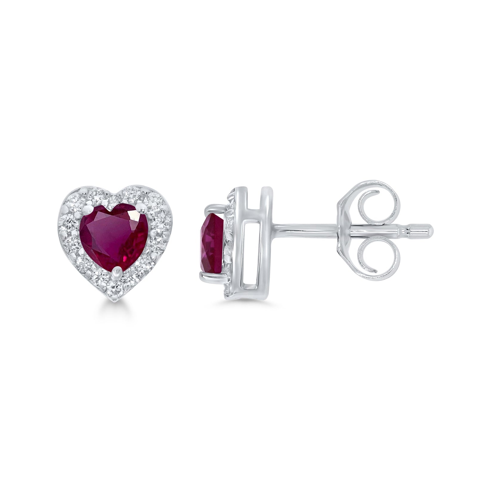 9ct white gold 5mm heart shape ruby & diamond cluster stud earrings 0.16ct